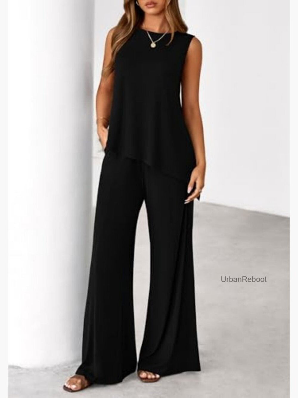 Two Piece Lounge Set Asymmetrical Tank Wide Leg Pants Summer - Picture 4 of 7